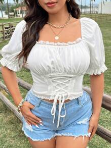 Sunnyshic Blusa de estilo francés para mujer de talla grande con cuello cuadrado, encaje de contraste, mangas abullonadas, ajustable con nudo en la cintura