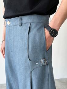 Claim Dot 男士纯色宽松可调节扣式设计休闲西装裤 - 藍色 - 查看 2