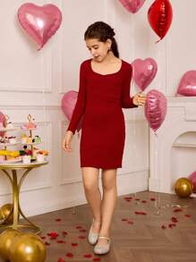 SHEIN Tween Girls French Collar Knitted Ribbed Dress,Burgundy Red Autumn Elegant Wedding Guest Long Sleeve Snug Fit Mini Dresses,Matching Family Style - Burgundy - View 3