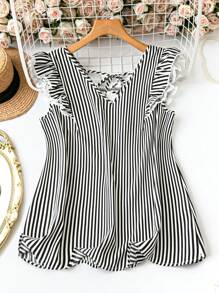 SHEIN LUNE 女士加大码 V 领条纹蕾丝袖休闲衬衫 - 黑與白 - 查看 3