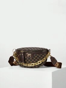 新款时尚休闲女包 亚克力链条一体式腰包，鳄鱼纹胸包，复古百搭，礼品装，红色圣诞冬季圣诞礼物 - 咖啡棕 - 查看 3