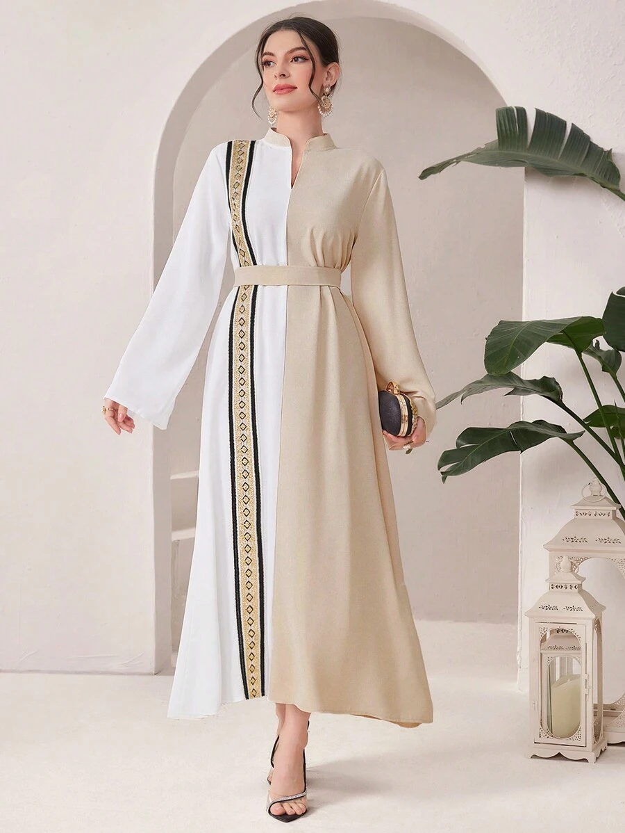 Modelyn Women's Solid Color Splicing Stand Collar Long Sleeve Minimalist Long Abaya Dress