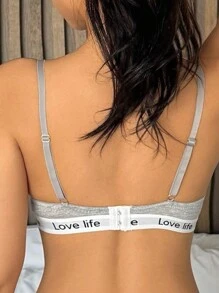 DAZY 1pc Solid Color Wire-Free Letter Print Sports Bra For Women - Grey - View 2