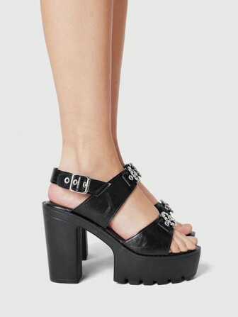 Women Summer Open Toe Platform Sandals, Goth Punk Rivet Decor Ankle Strap Dress Shoes, Chunky Heels Work Office Formal Party Sandals