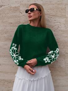 EURMUSE 休闲撞色花卉图案刺绣细节长袖毛衣 - 綠色 - 查看 3
