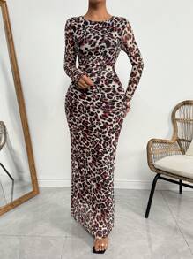 SHEIN ChicEase Đầm dài tay lưới bó họa tiết da báo thanh lịch dành cho nữ, phù hợp cho trang phục Maxi mùa xuân và mùa thu - Đỏ và trắng - Xem 6