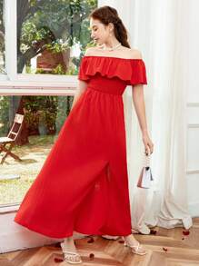 Teen Girl Ruffle Off Shoulder Convertible Shirred Slit Dress - Red - View 5
