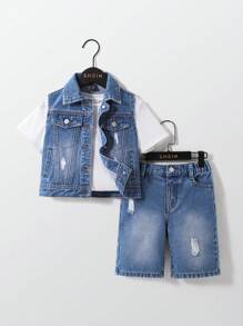 Set de 2 pantalones cortos de mezclilla casual con estilo urbano y callejero para niños pequeños, con cintura elástica y efecto desgastado