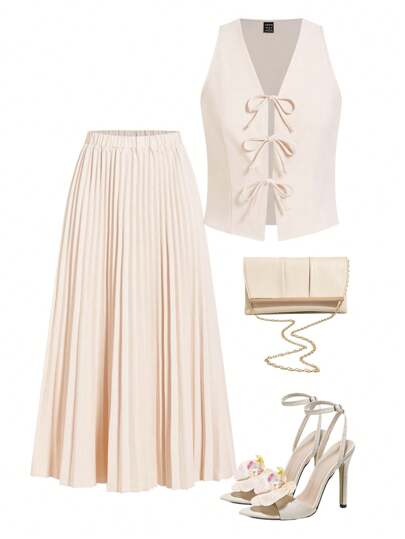 Ellevyn 女士优雅蝴蝶结背心和褶皱 A 字裙，两件套服装适合通勤和外出，春夏季服装女裙套装女式春季服装两件套女式演唱会服装女式办公室服装女式婚礼宾客礼服