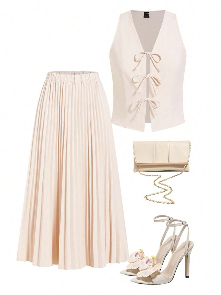 Ellevyn Women's Elegant Bowknot Tank Top & Pleated A-Line Skirt, 2 Pieces Outfit Suitable For Commute & Going Out, Spring/Summer Summer Clothes Women Skirt Set Spring Outfits For Women Two Pieces Set Women Concert Outfit Women Office Outfits For Women Wedding Guest Dress Women - Apricot - View 1