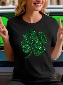 SHEIN LUNE Camiseta de manga corta con colorblock, flores diminutas y trébol de San Patricio para tallas grandes para el verano - Negro - Ver 3