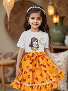 SHEIN Set de 2 piezas: Top de unicolor con patrón de niña dulce y falda de punto con estampado de flores de henna, adecuado para fiesta, uso diario, vacaciones y festivales - Amarillo - Ver 1