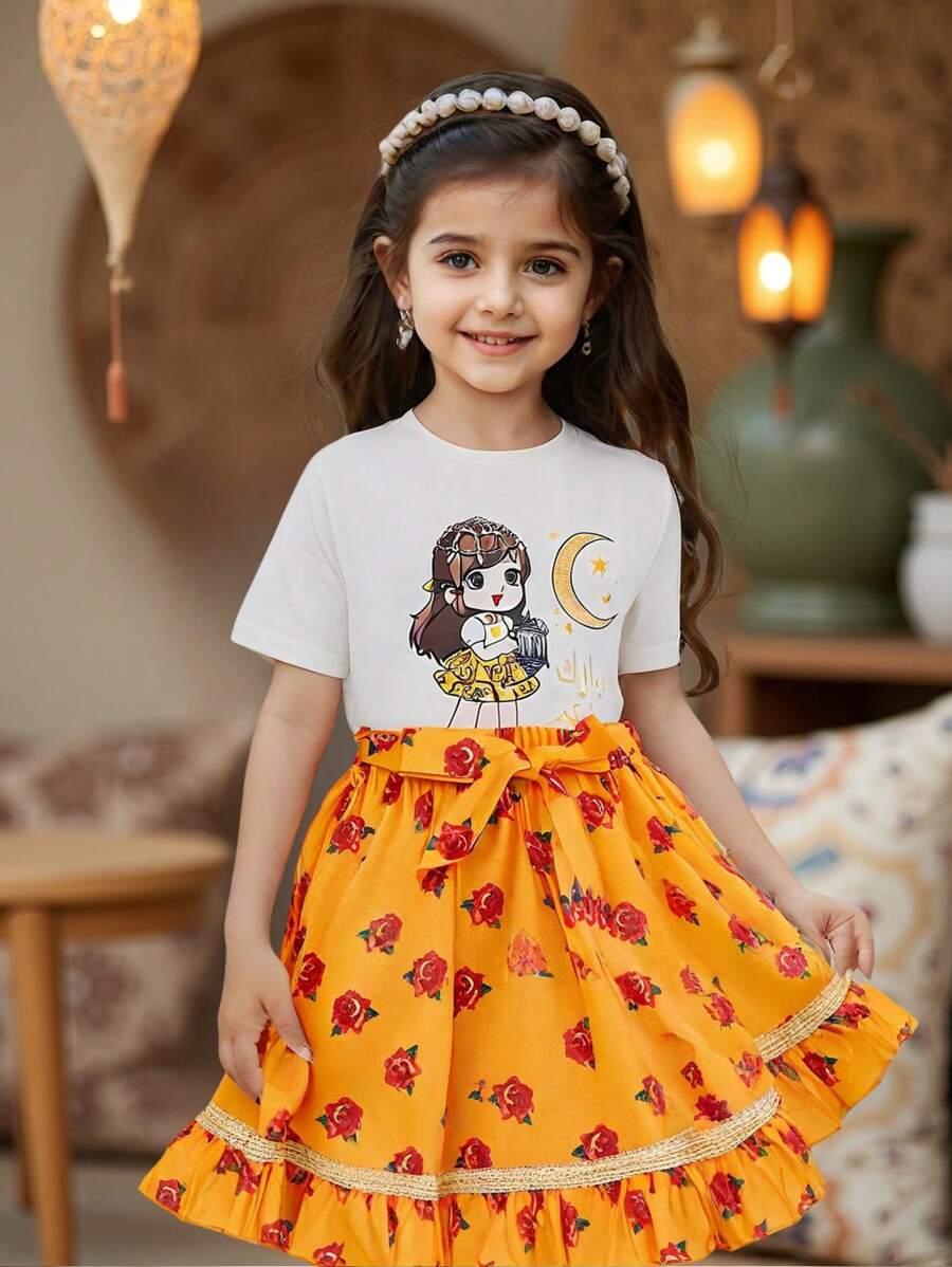 SHEIN Set de 2 piezas: Top de unicolor con patrón de niña dulce y falda de punto con estampado de flores de henna, adecuado para fiesta, uso diario, vacaciones y festivales - Amarillo - Ver 1