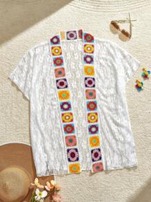 SHEIN MOD Crochet Lace Patchwork Open Front Sheer Cover Up, Casual & Fashionable For Daily Wear, For Summer Beach Vacation