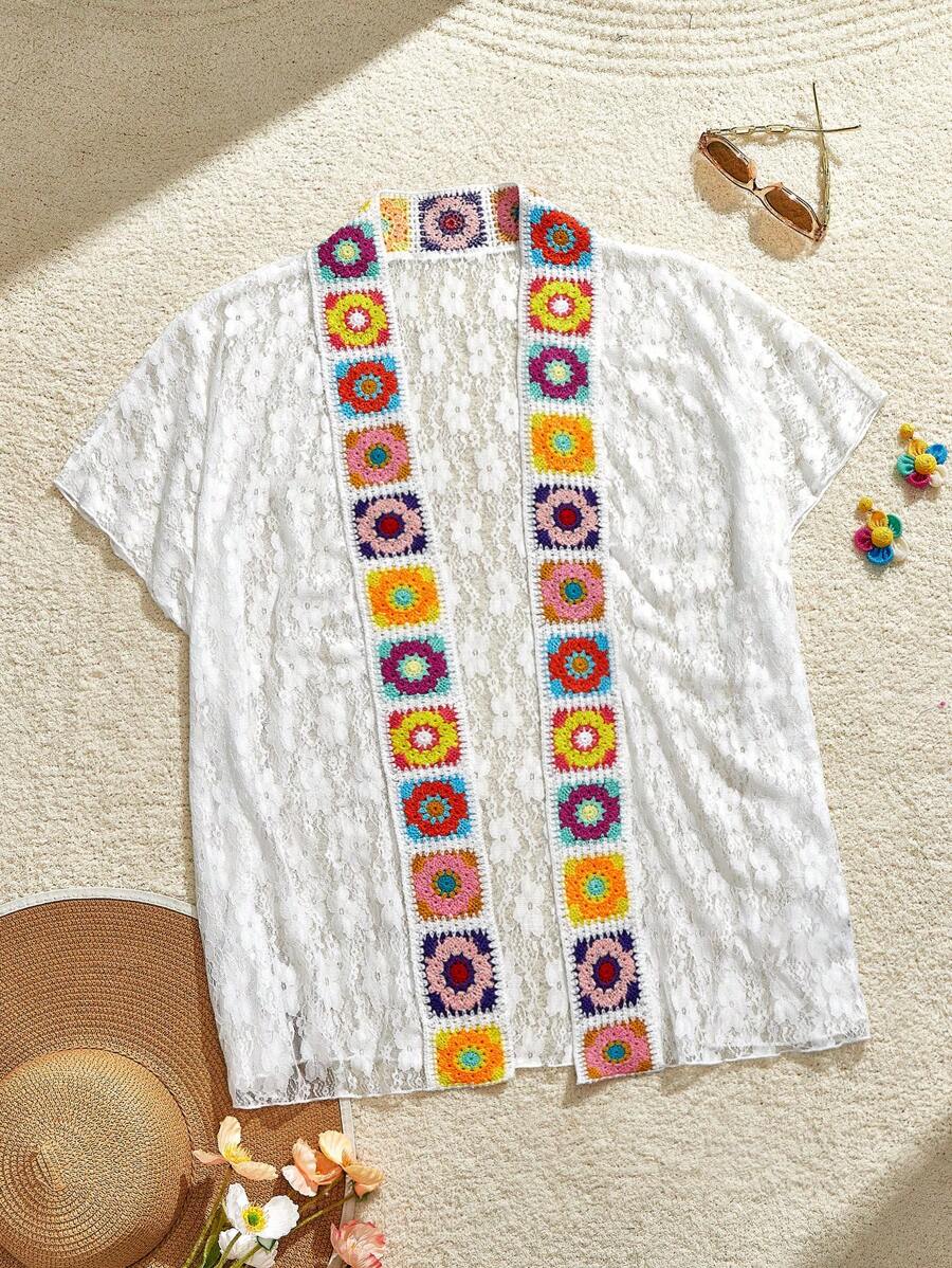 SHEIN MOD Crochet Lace Patchwork Open Front Sheer Cover Up, Casual & Fashionable For Daily Wear, For Summer Beach Vacation
