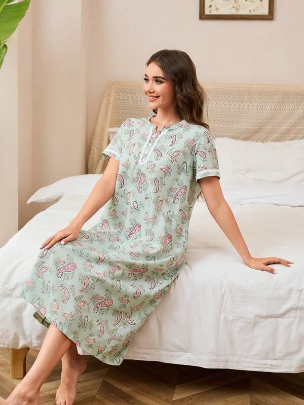SHEIN Cămașă de noapte lungă, verde, cu imprimeu floral și dantelă, pentru femei, pijamale casual, pentru vacanță