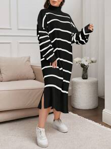 EURMUSE Striped Drop Shoulder Sweater Dress Simple Practical Multifunctional
