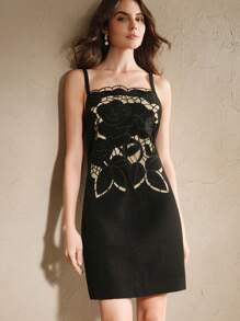 Elegant Floral Lace Short Camisole Mini Dress With Embroidery, Suitable For Summer, Valentine's Day, Vacation - Black - View 2