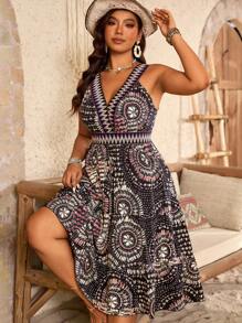 Breezaya Plus Size Women Bohemian Vintage Woven Tape Decor V-Neck Sleeveless Dress