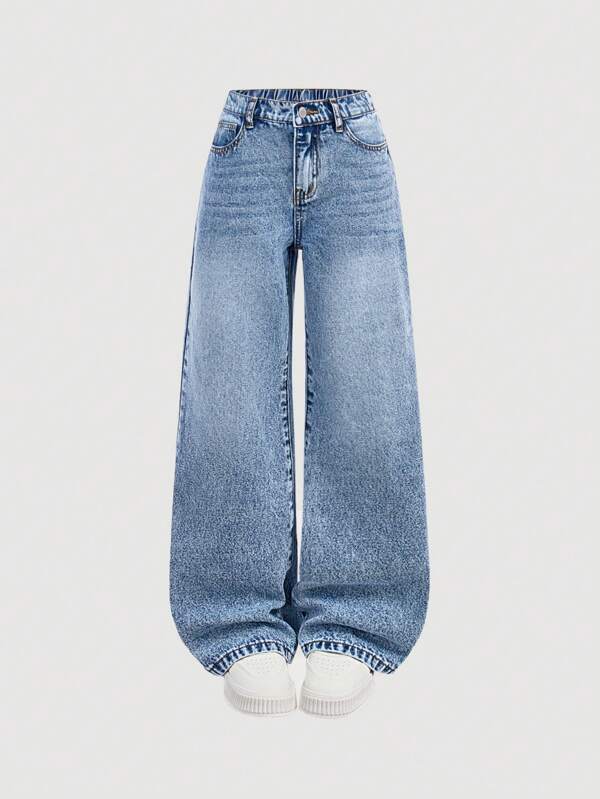 SHEIN Jeans droits amples délavés avec effet de moustache de chat à la taille haute Y2K pour préadolescentes, vêtements d'automne-hiver pour préadolescentes, tenues de retour à l'école, streetwear