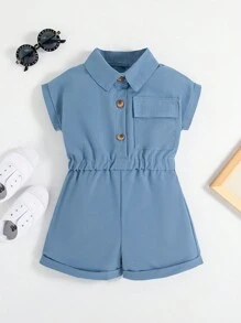 SHEIN Girls Young Girl Formal Summer New Lapel Half-Open Sleeveless Jumpsuits, Casual Waist Elastic Shorts Suit, Fashion All-Match