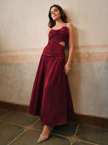 Anewsta Elegant Wine Red Woven Pleated Slip Dress For Women, Summer, Valentine's Day