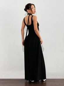 SHEIN EZwear Damen einfarbiges Maxikleid mit Ärmellos, Schlicht und Lässig, mit Halsbandschleife - Schwarz - Übersicht 2