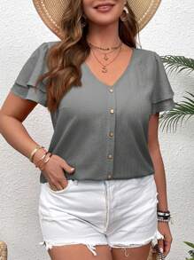 SHEIN VCAY Plus Size Vacation Double Ruffle Hem V-Neck Short Sleeve Shirt - Grey - View 3