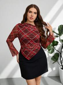 SHEIN Privé 秋冬新款女士优雅设计扎染渐变印花不对称下摆露肩长袖 T 恤 - 彩色 - 查看 4