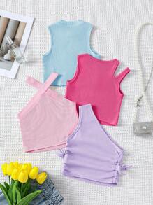 SHEIN 4pcs/Set Teen Girls' Casual Versatile Rib-Knit Solid Color Cropped Tank Top Tank Top For Spring