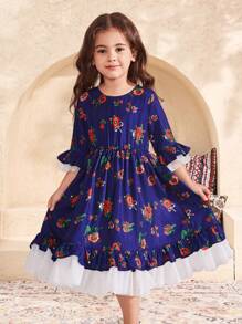 SHEIN 年轻女孩编织花卉圆领撞色网眼拼接紧身连衣裙 - 藍色 - 查看 1