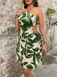 Breezaya Vestido de una sola manga corta con estampado de plantas hueco, ideal para primavera y verano, vestido largo elegante y de moda para salidas nocturnas, ropa de estar en casa de verano para mujeres, para el Día de San Patricio, fiestas, festivales, vacaciones de primavera, estilo bohemio, tallas grandes