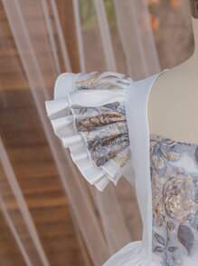 SHEIN Vestido de fiesta para niña preadolescente con jacquard floral, malla, diseño de peplum y volantes en capas, hilos metálicos, elegante, informal para vacaciones, fiesta blanca, vestido de princesa, para fiesta de cumpleaños, festival, Día de San Valentín