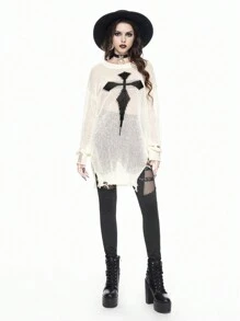 ROMWE Goth Women's Loose Fit Fringe Cross Pattern Long Sleeve Pullover Sweater