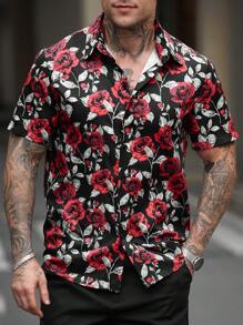 Manfinity Homme Camisa de manga corta con estampado de rosa roja sobre fondo negro para hombre