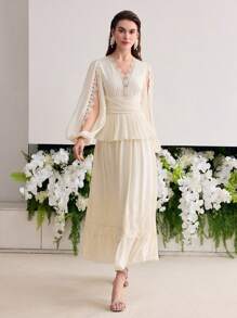MOTF Soiréza ROBE À VOLANTS OURLET EN DENTELLE CONTRASTÉE - Beige - Voir 3