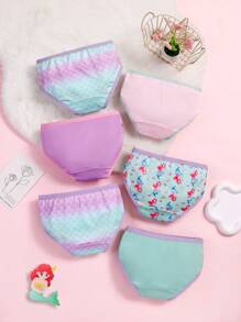 多件装少女公主美人鱼海滩女孩公主贝壳渐变印花内裤，紫色和绿色，柔软舒适的松紧腰带