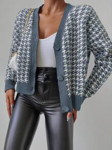 EURMUSE Casual Houndstooth Drop Shoulder Cardigan Sweater For Autumn/Winter - Dusty Blue - View 4