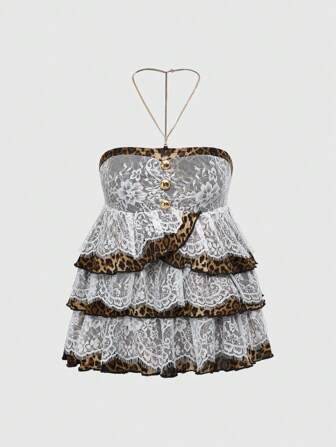 J-Fashion Camiseta de tirantes de mujer con decoración de mariposa en la espalda, de varios volantes de encaje y estampado de leopardo, en estilo Harajuku Gal Y2K
