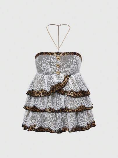 J-Fashion Y2K Harajuku Gal Style Butterfly Back Decor Multi-Layered Lace Ruffle Leopard Print Women Cami Top