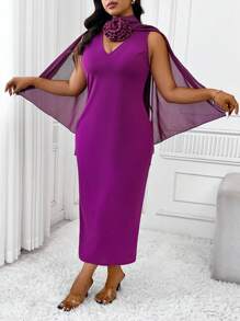 SHEIN Clasi Plus Size Women V-Neck Solid Color + Cape Poncho Dress Wedding Day Wedding Guest - Red Violet - View 5