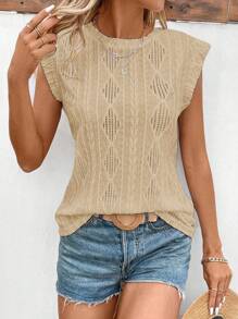 SHEIN LUNE Women Casual Round Neck Short Sleeve T-Shirt With Textured Geometric Pattern - Khaki - View 1