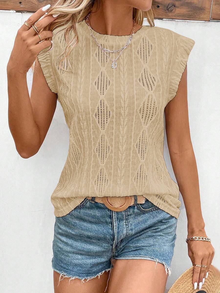SHEIN LUNE Women Casual Round Neck Short Sleeve T-Shirt With Textured Geometric Pattern - Khaki - View 1