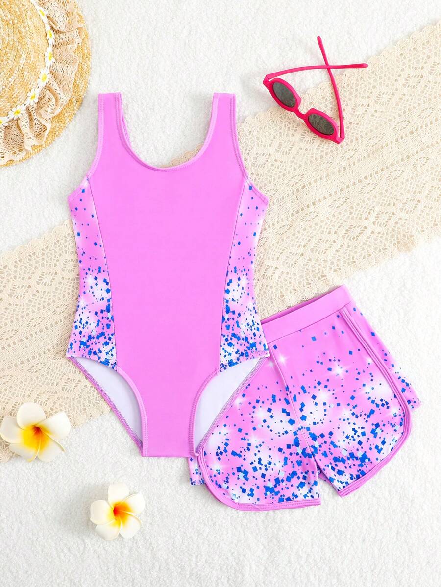 Young Girl Geometric Print Tankini Swimsuit With Beach Shorts - Hot Pink - View 1