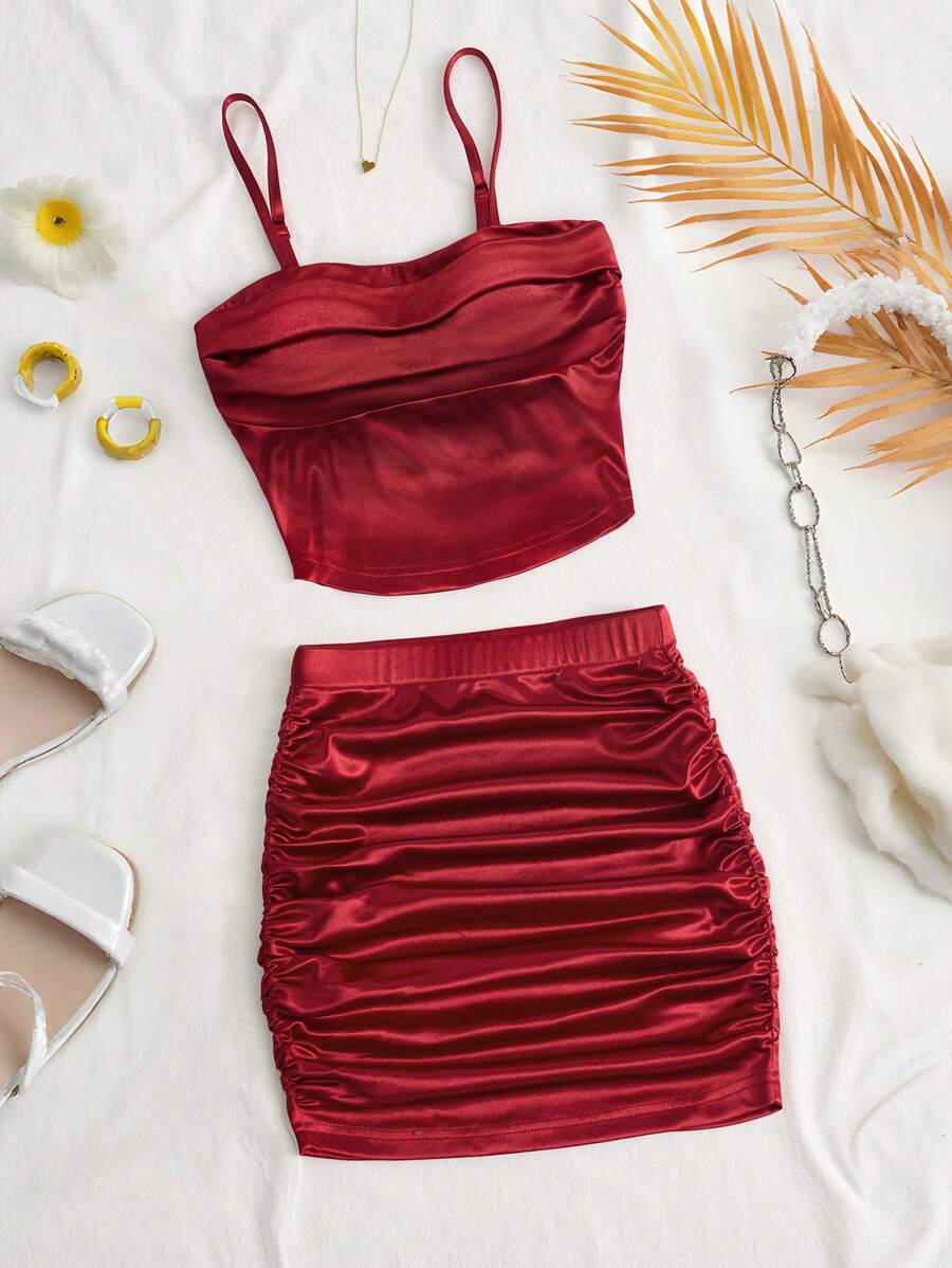 2pcs Set Women's Wine Red Satin Strapless Cropped Top & Ruched Bodycon Skirt - Burgundy - View 1