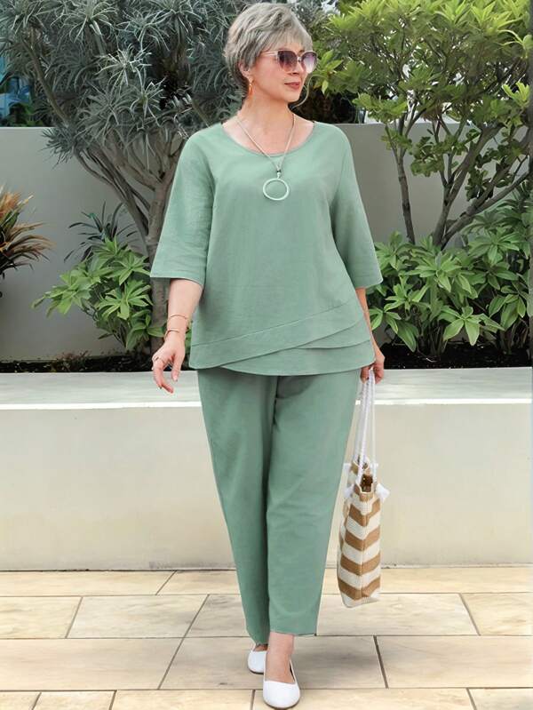 EMERY ROSE Set de 2 piezas de mujer de talla grande con camisa de cuello redondo y mangas 3/4 y pantalones en unicolor, informal