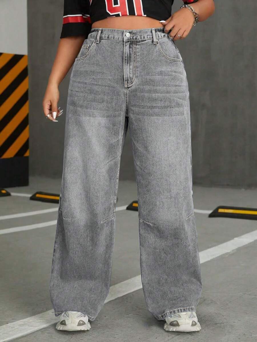 SHEIN ICON Plus Size Front Button Pockets Simple Casual Flared Leg Jeans - Grey - View 1