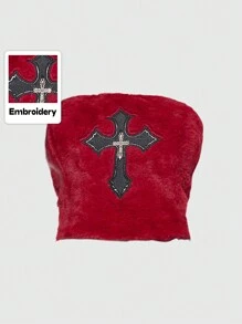 ROMWE Goth Spring Break Concert Festival Party Outfit Women, Rave Outfits, Plush PU Embroidered Cross Pendant Strapless Sexy Color Contrast Crop Top