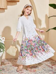 SHEIN Tween Girls V-Neck Puff Sleeve Loose Mid-Length A-Line Printed Dress - White - View 7