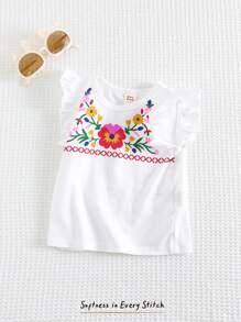 Cozy Pixies Baby Girl Floral Graphic Crew Neck Ruffle Trim Pullover Blouse - White - View 6